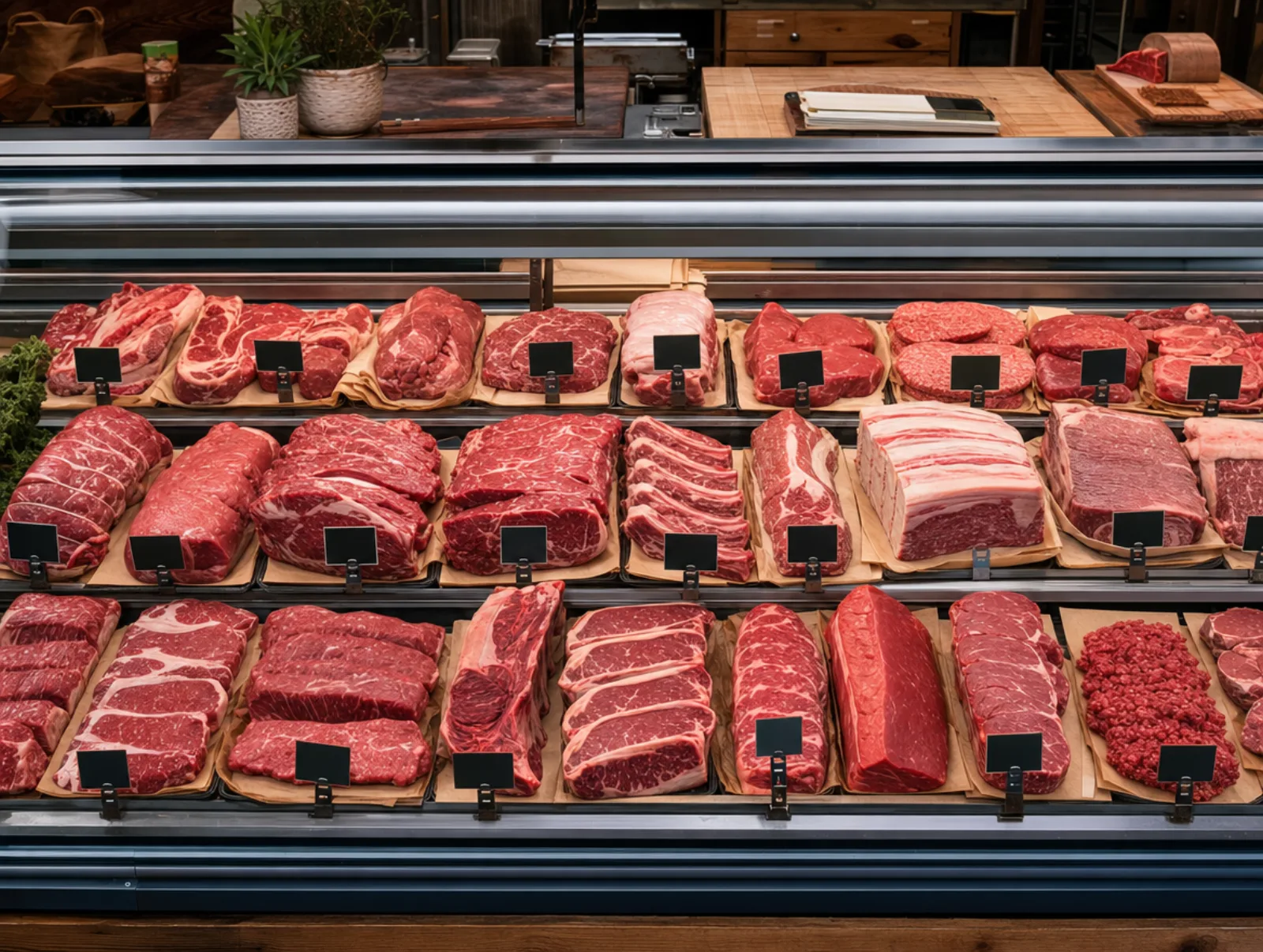 The full glass display case at North Oak Butcher Co., stocked for the week