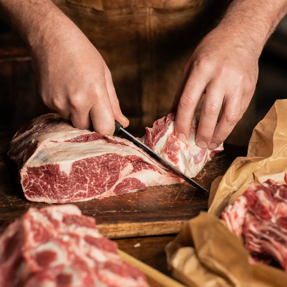A butcher's hands trimming a cut on the block