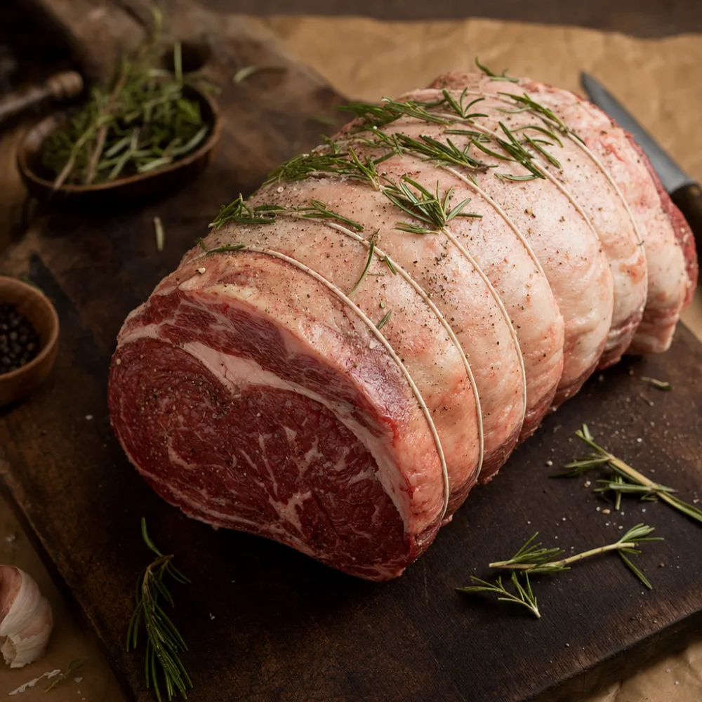 Tied prime rib roast ready for the oven