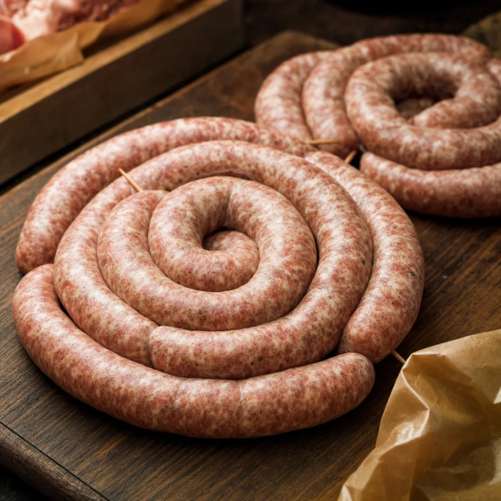 Coils of house-made sausage on butcher paper