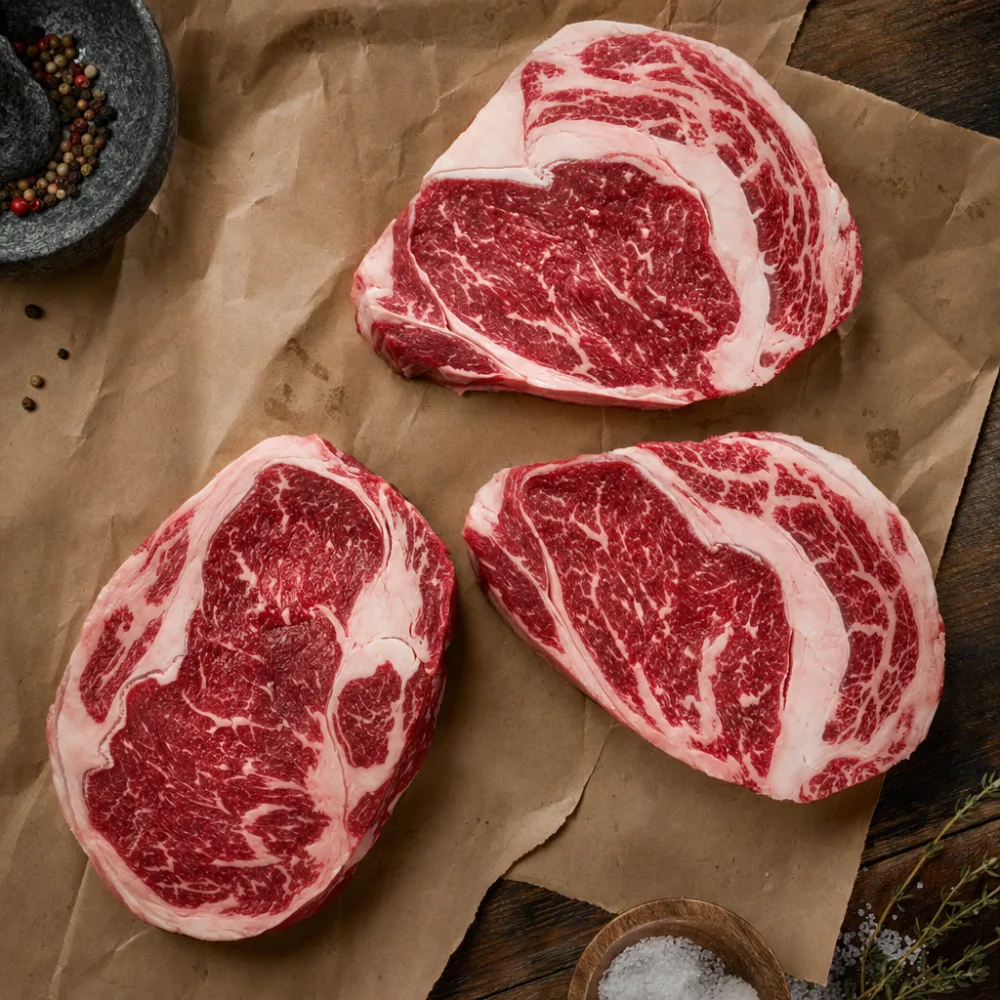 Thick-cut steaks in the North Oak Butcher Co. counter case